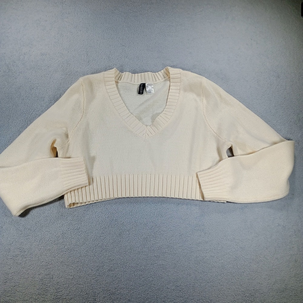 H&M Women Divided Cropped V-Neck Sweater‎ Cream Large Ribbed Knit